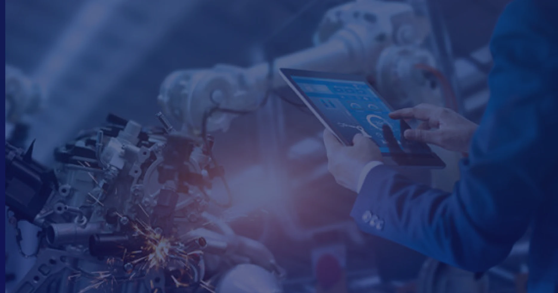 Industrial engineer using tablet to manage IoT devices in a smart factory with robotics and automation – Dedicatted intelligent edge services.