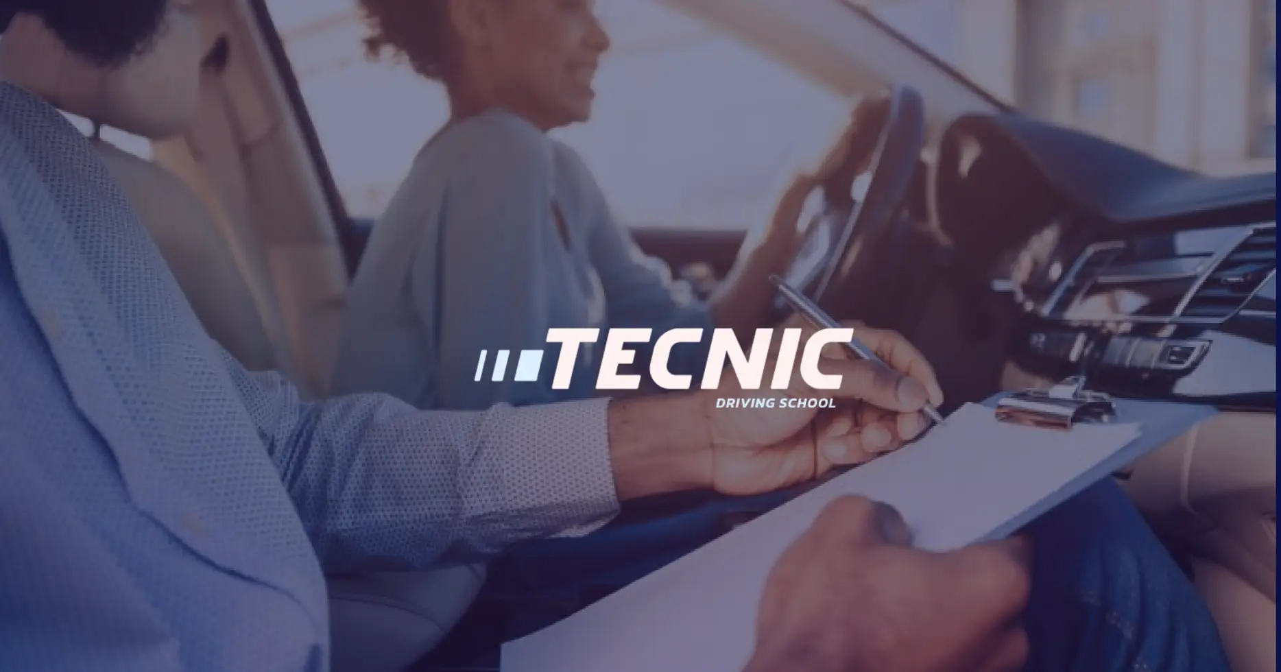 Tecnic Driving School case study cover featuring an instructor assessing a driving student.