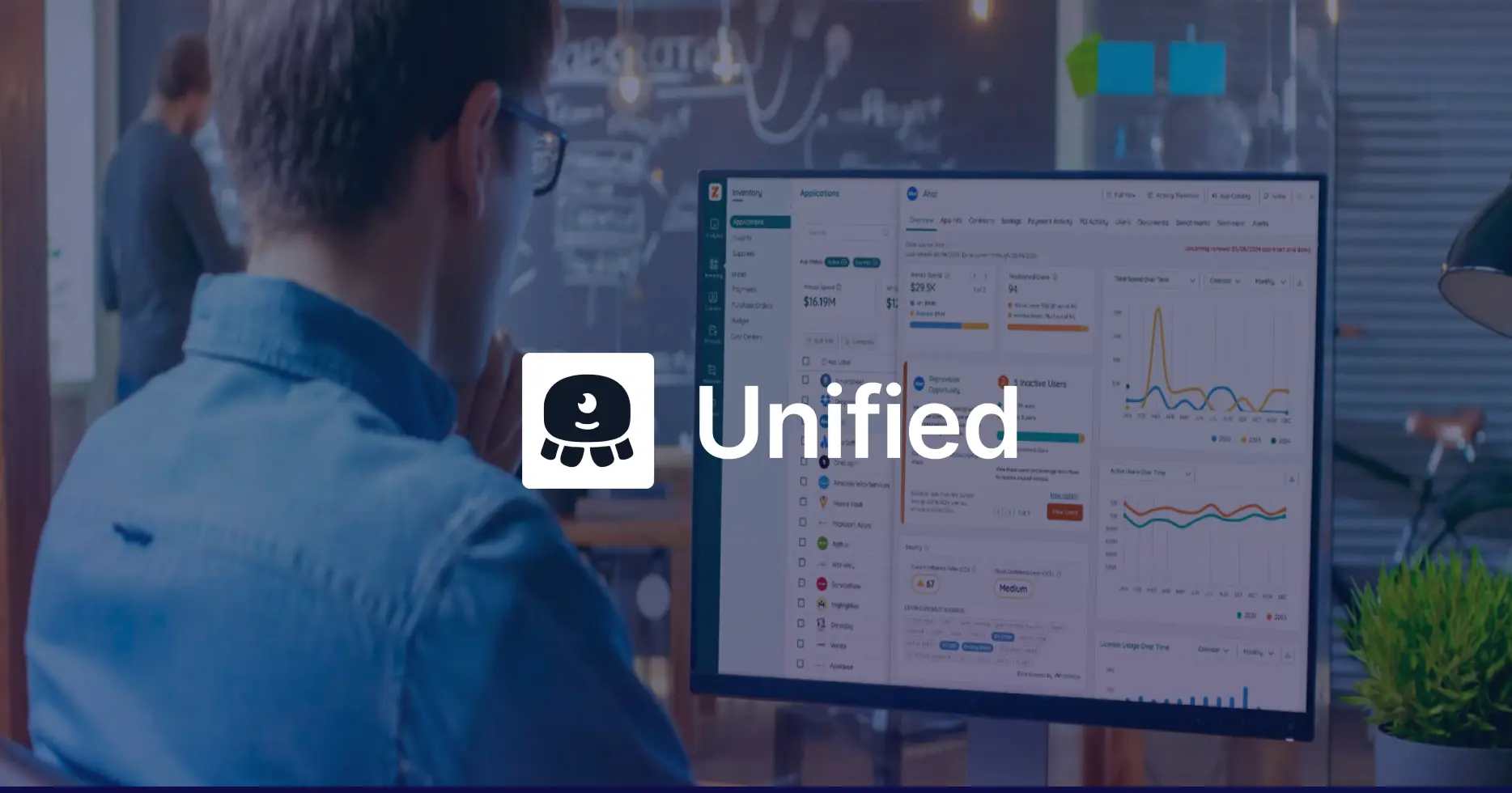 Developer reviewing Unified platform analytics dashboard with data visualization, financial metrics, and application monitoring tools.