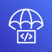 white parachute icon carrying a box with code symbol on blue gradient background representing AWS CodeDeploy