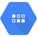 white grouped square blocks icon on blue hexagon background representing Google Cloud Datastore