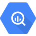 white magnifying glass with bar chart inside on blue hexagon background representing Google BigQuery