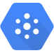 white central circle surrounded by six smaller dots on blue hexagon background representing Google Cloud Pub/Sub