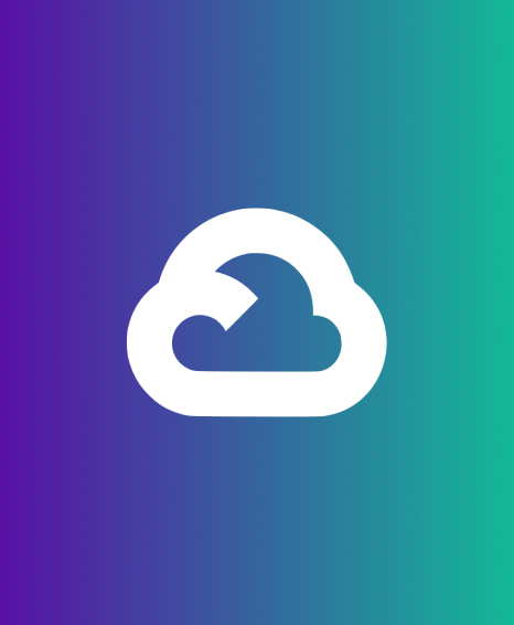 white cloud icon with gauge symbol inside representing Google Cloud on gradient background transitioning from purple to teal
