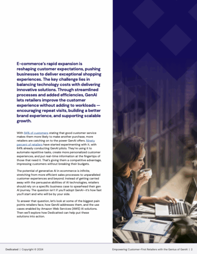 Promotional flyer for Dedicatted’s Gen AI for retail service. The headline reads: 'Conversational AI: Enhancing customerService and Engagement' It describes a challenge, solutions and use cases with the highlight on to assess infrastructure reliability, scalability, security, and cost performance.