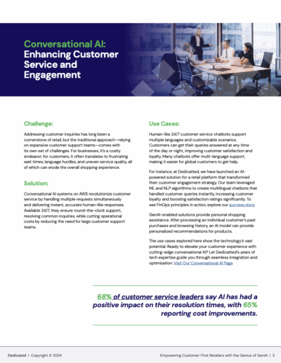 Promotional flyer for Dedicatted’s Gen AI for retail service. The headline reads: 'Conversational AI: Enhancing customerService and Engagement' It describes a challenge, solutions and use cases with the highlight on to assess infrastructure reliability, scalability, security, and cost performance.