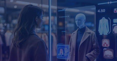 A beautiful client using the digital interface of augmented reality in a modern shopping center.