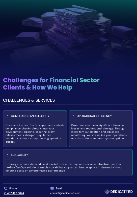 This promotional infographic addresses the mounting challenges financial institutions face, particularly rising compliance costs and the pressure to adapt quickly. It emphasizes how DevOps, strengthened with AI, shifts compliance efforts from a reactive stance to a proactive one. A prominent purple button encourages action: “Let us help.”