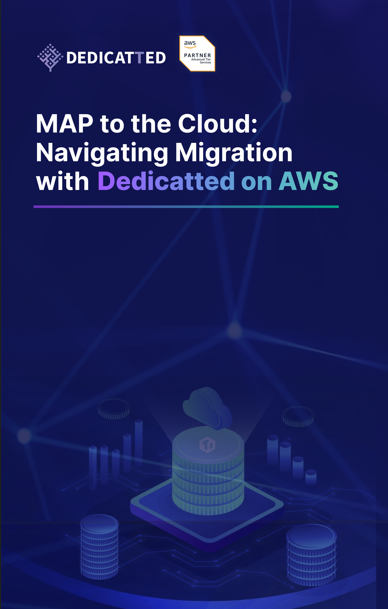 Data security protection concept graphics with the title "Map to the Cloud: Navigating Migration with Dedicatted on AWS"