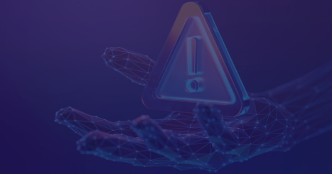 Blue triangular warning icon with illuminated exclamation mark on dark background