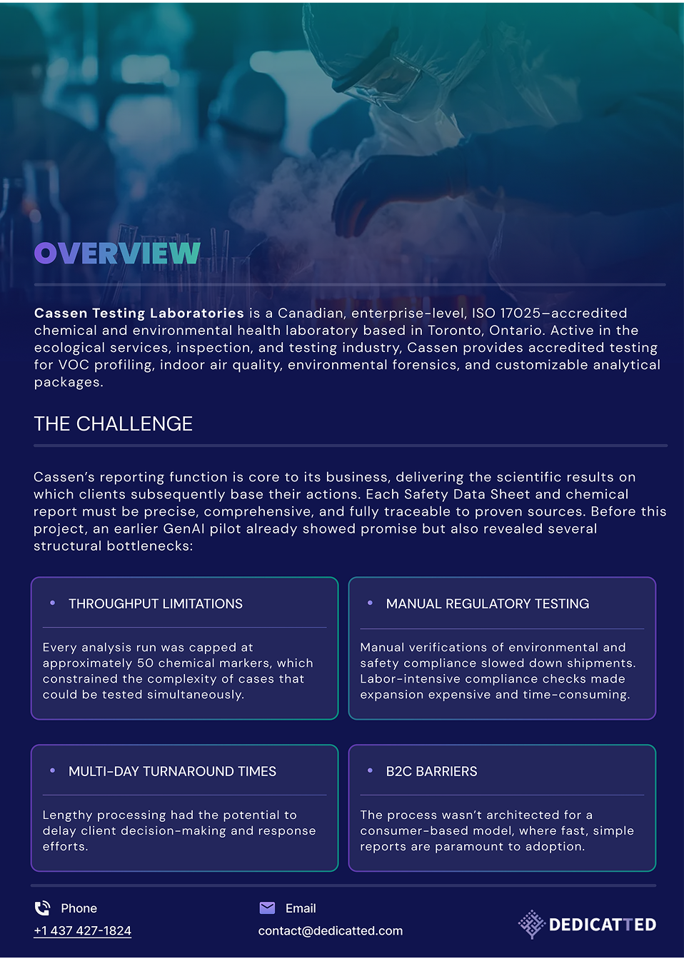Business case study slide for Cassen Testing Laboratories showing operational bottlenecks such as limited throughput, manual compliance testing, long processing times, and consumer adoption barriers.