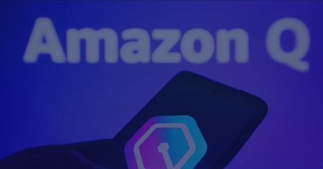 Big banner on the background with the Amazon Q written all over it with the phone on the first layer with the logo og the technology
