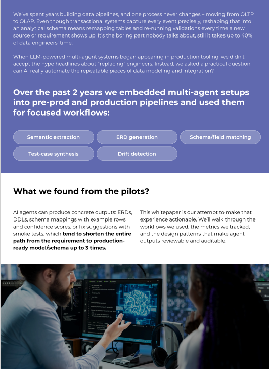 Informational graphic describing Dedicatted’s use of LLM-powered multi-agent systems for data pipeline automation. It explains how the company embedded AI agents into pre-production and production workflows over two years to optimize processes like semantic extraction, ERD generation, schema matching, test-case synthesis, and drift detection. The section ‘What we found from the pilots?’ highlights that AI agents can shorten the path from requirement to production-ready schema by up to 3x. The bottom shows two engineers collaborating at computer screens displaying data visualizations.