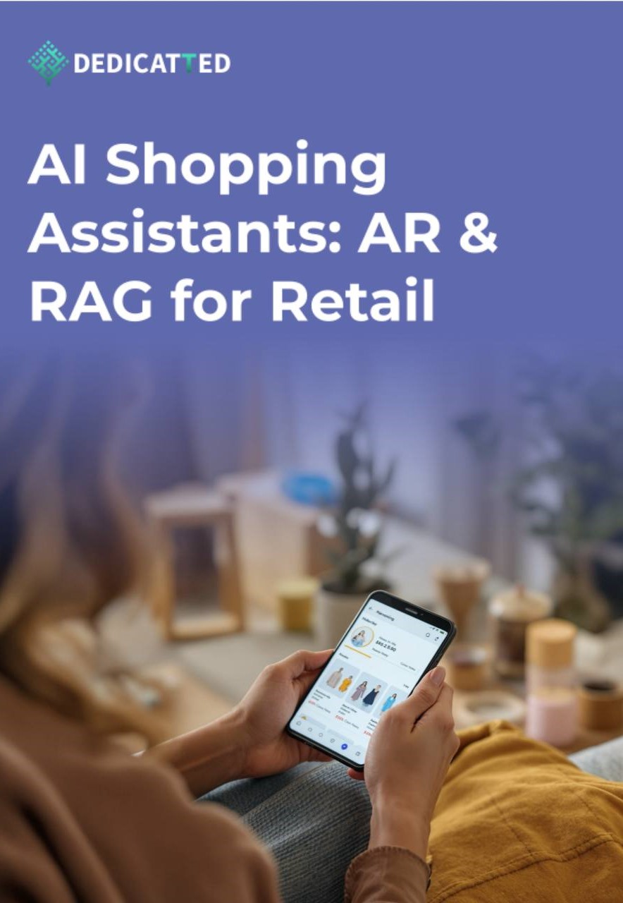 A person sitting on a couch holding a smartphone and browsing an online clothing store. The text above reads “AI Shopping Assistants: AR & RAG for Retail” with the Dedicatted company logo at the top.