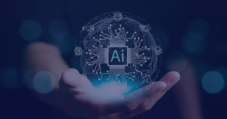 A person’s hand holds a glowing digital sphere with the letters “AI” at the center, surrounded by circuit-like lines symbolizing artificial intelligence and technology.
