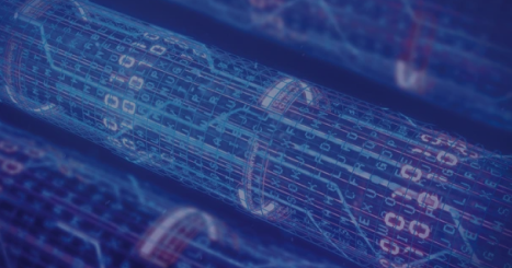 Digital visualization of data streams represented as glowing blue tubes filled with binary code, symbolizing data transfer, cybersecurity, or digital communication.